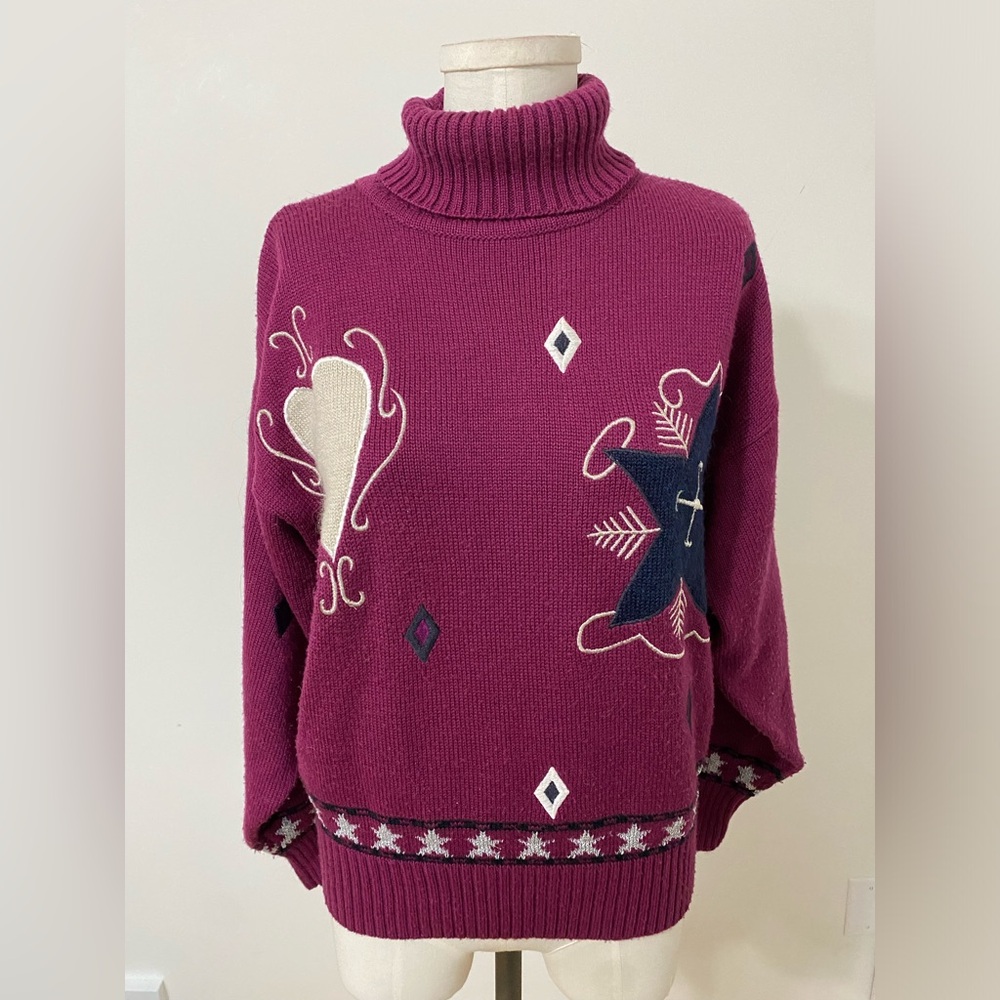 VINTAGE Nils 80’s 90’s Wool Acrylic Embroidered Purple Heart Sweater Size Large